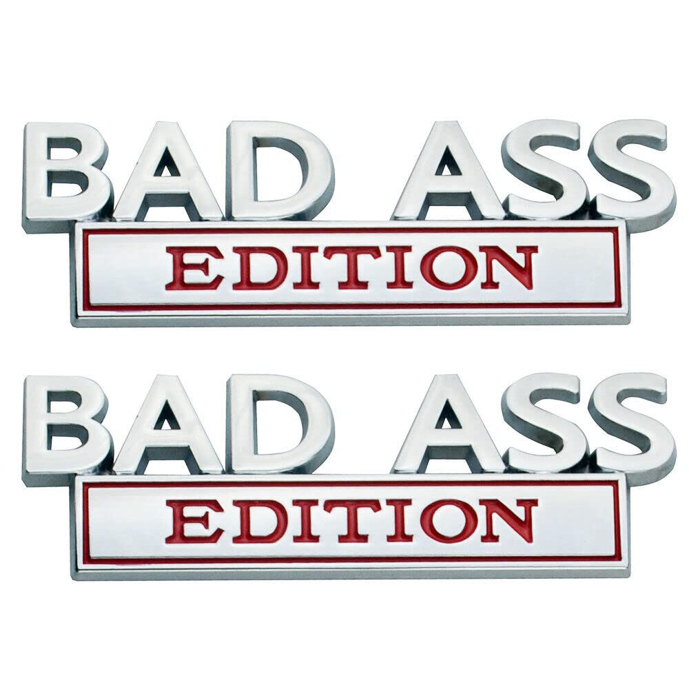2 Pack Bad Ass Edition Emblem 3D Metal Badass Badge Sticker Decal with 3M Tape Replacement for Cars, Trucks, Motorcycles, Boats &amp; Laptops (Silver Red)