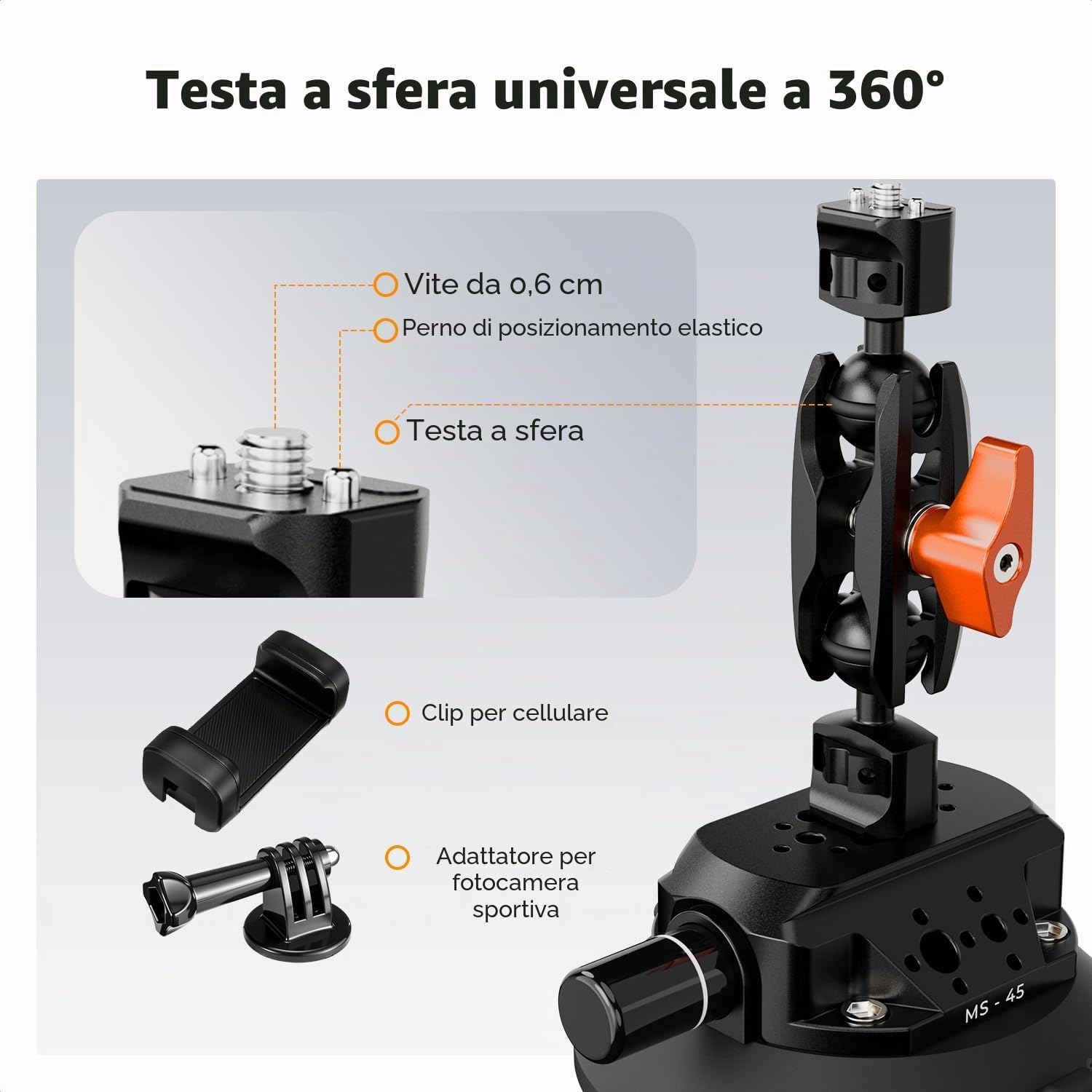 K&F CONCEPT Ventosa 4,5" con Braccio Magico Doppia Sfera - MS45 | Supporto fotocamera auto con supporto telefono e adattatore GoPro, attacchi 1/4" e 3/8" per parabrezza e superfici lisce