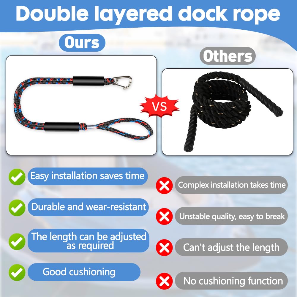 2 Pcs Cavi per Ormeggio barca, Bungee Dock Line con Gancio, Cravatta Elastica per Barche, Kayak, Pontone, Canoa (Nero + Blu + Rosso)