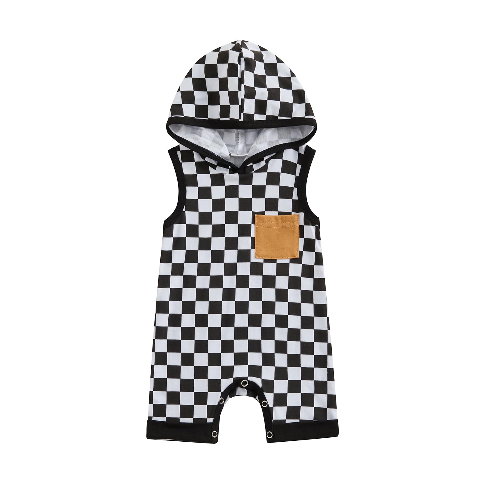 Gaono Baby Boy Romper Sleeveless Checkerboard Hooded Jumpsuit Newborn Tank Tops Infant One Piece Outfit Summer Clothes (Black, 12-18 Months)