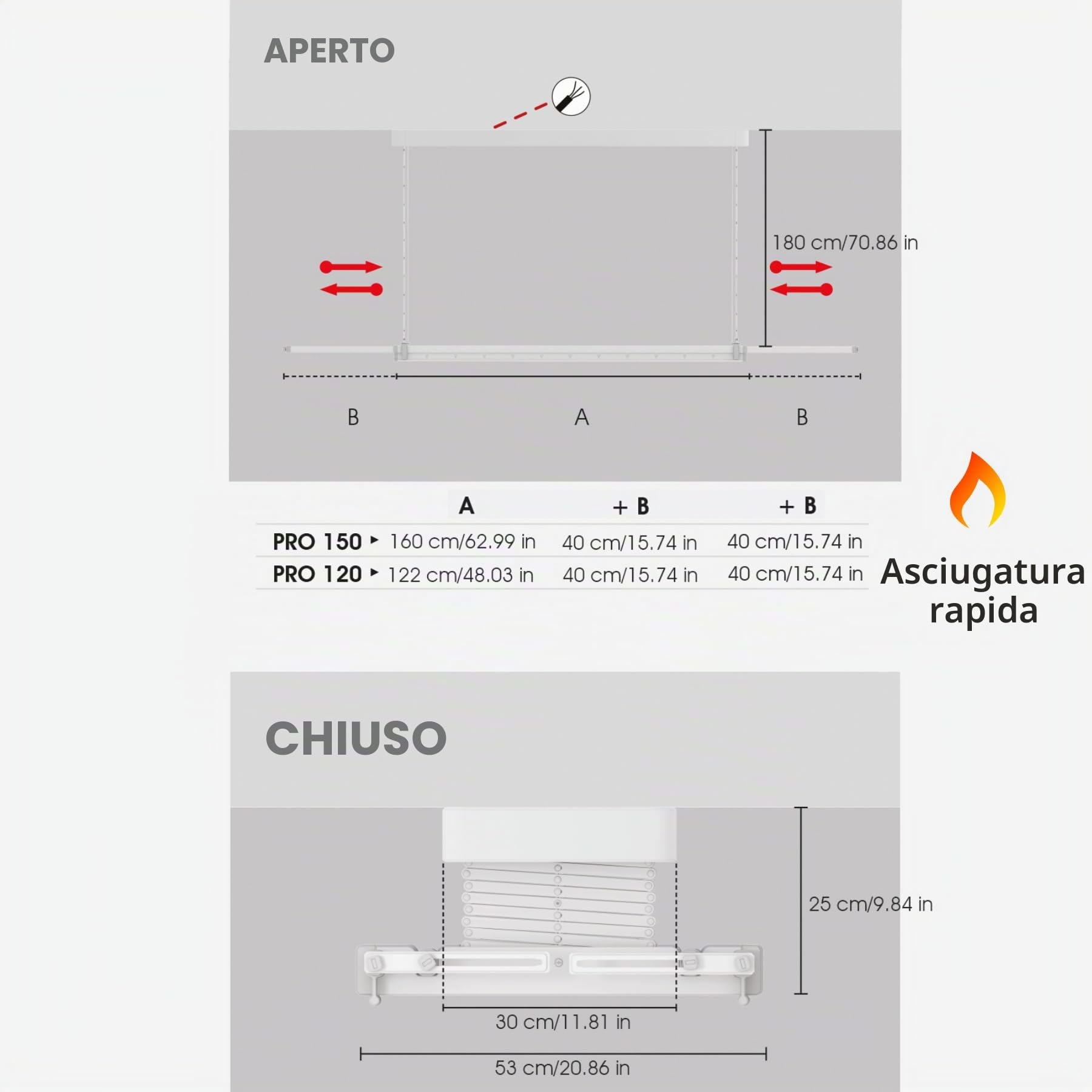 foxydry Pro, stendibiancheria da soffitto elettrico, con aria calda, 122 cm | salvaspazio, in alluminio, telecomandato, motorizzato, per lenzuola, luce LED, sostiene 35 kg, grigio