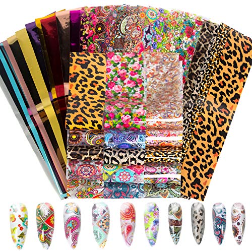 50 Sheets Nail Foil Nail Art Stickers Transfer Leopard Laser Flower Print Nail Foil Decals Starry Sky Nail Stickers Manicure Tips Nail Art Supplies