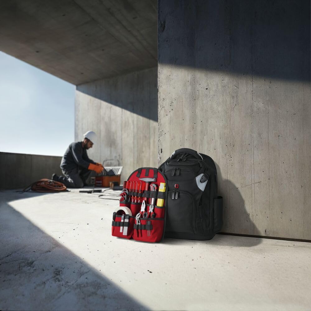 WENGER Tool Backpack Pro Werkzeugrucksack mit 17 Zoll Laptopfach, Arbeitsrucksack für Handwerker, Herausnehmbarer Werkzeug-Caddy, Schwarz, 653722