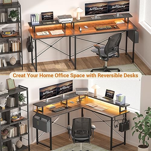 armocity L Shaped Computer Desk with Power Outlets, Gaming Desk L Shaped with LED Lights, Corner Desk with Storage Shelves, Work Study Desk for Bedroom, Home Office Small Spaces, 47\'\', Grey Oak - Thumbnail 4