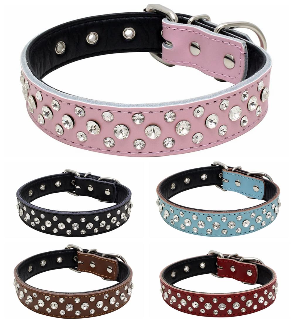 Pimaodog Rhinestones Dog Collar, Adjustable Sparkly Crystal Studded Genuine Leather Pet Dog Collar for Small and Medium Dogs (S, Purple)