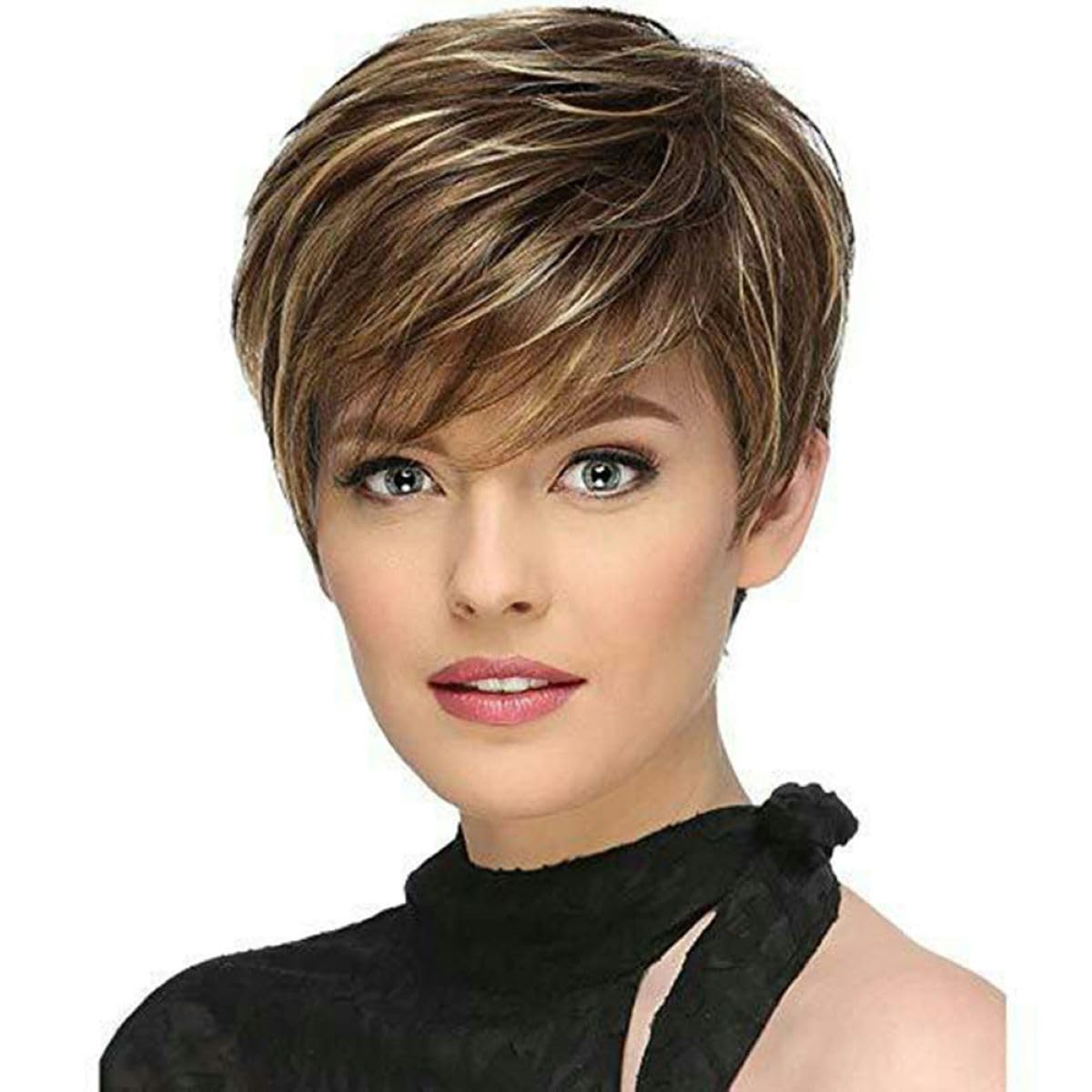 Parrucca sintetica corta marrone mista bionda parrucchino per donne bianche Marrone misto colore dorato Capelli frangiati obliqui Resistenti al calore Parrucche a rete rosa moda