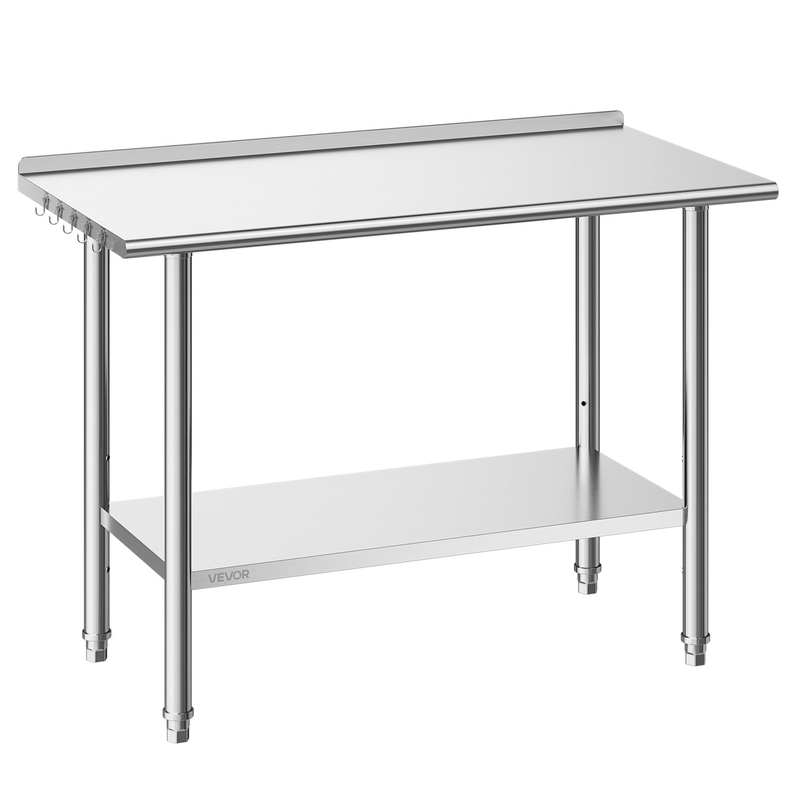 VEVOR Mesa de Trabajo de Acero Inoxidable 2 Niveles, Mesa de Preparación de Alimentos 124,9x61x89,4 cm, Estante Inferior Ajustable, Protector contra Salpicaduras, para Restaurantes, Bares, Hoteles