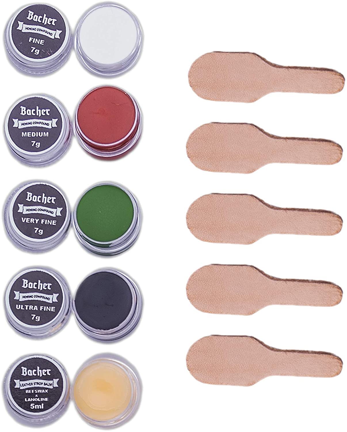 Bacher Composés de Polissage Set - Pâte à Polir pour Strop Cuir - Stropping Kit 4x Composé de Polissage et Baume