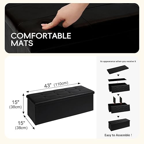 Miniatura 3 de PINPLUS Banco Otomán de Almacenamiento Plegable, Baúl Largo de Cuero Sintético Negro con Bandeja, Asiento Reposapiés, Almacenamiento de Mantas para