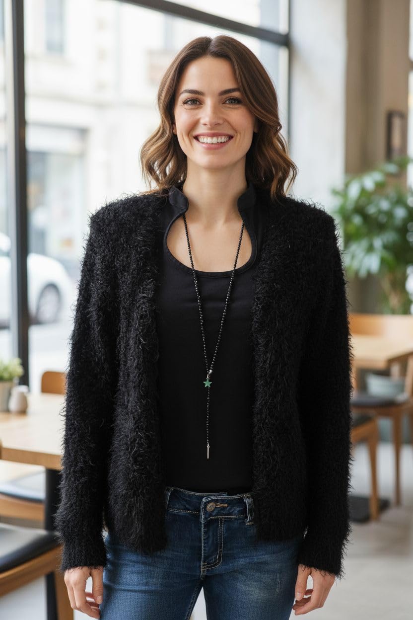 Y-Kette Halskette Damen Ypsilonkette lang schwarz glänzend Glasperlen Kette handgefertigt mit Anhänger Stern silber, minimalistischer Modeschmuck, Geschenkidee für Frauen
