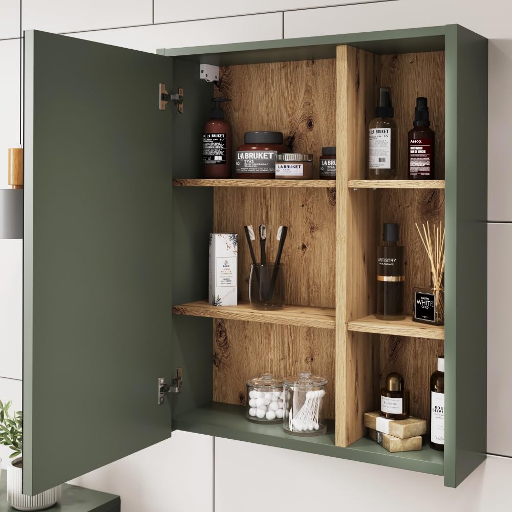 Vicco Armario con Espejo de baño Viola, Verde/Artesano, 60 x 75 cm | con estantes abiertos, apto para montaje en pared para uso en el baño