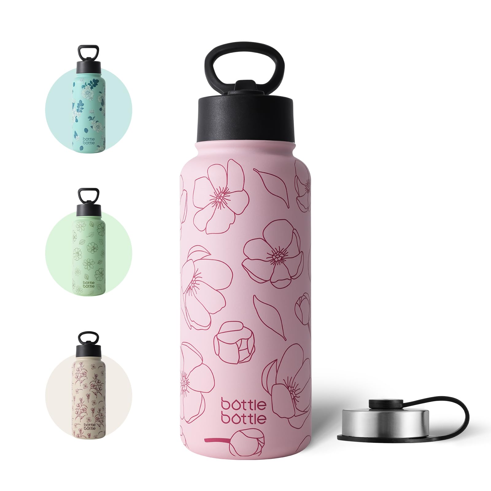 BOTTLE BOTTLE 水筒 1リットル ステンレス ウォーターボトル 直飲み ストロー付き 保温保冷 二重構造 真空断熱 持ち運び アウトドア ピンクフラワー