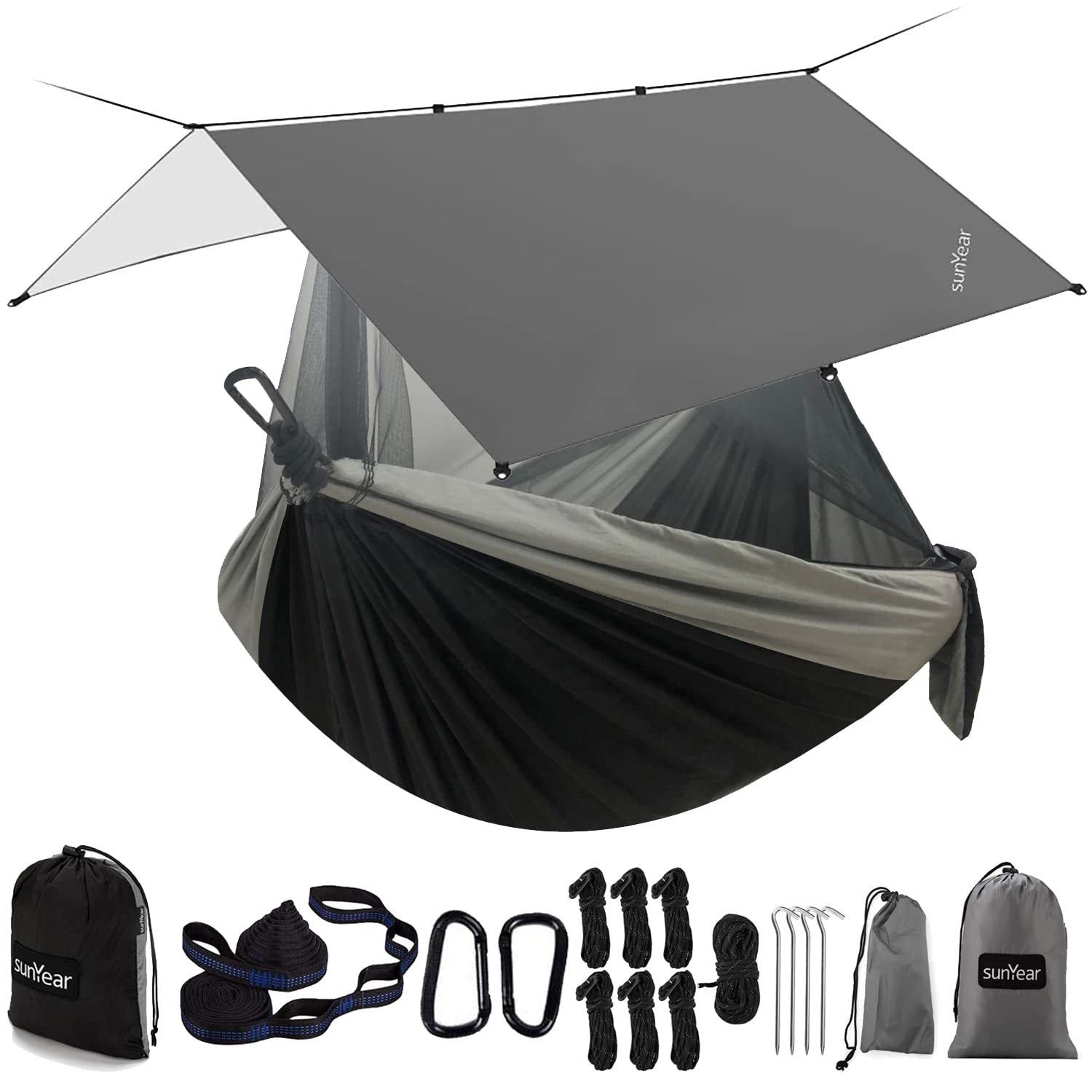 Sunyear Hammock Camping with Rain Fly Tarp and Net, Portable Camping Hammock Double Tree Hammock Outdoor Indoor Backpacking Travel & Survival, 2 Tree Straps,100% Waterproof