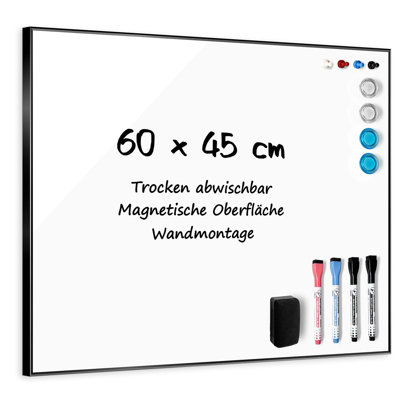 Sliandtelly Magnetisches Whiteboard mit Aluminium-Rahmen, 60x45 cm Robuste Magnettafel mit beweglichen Rücken Haken für Wandmontage, Trocken abwischbare Tafel für Zuhause Küche Büro