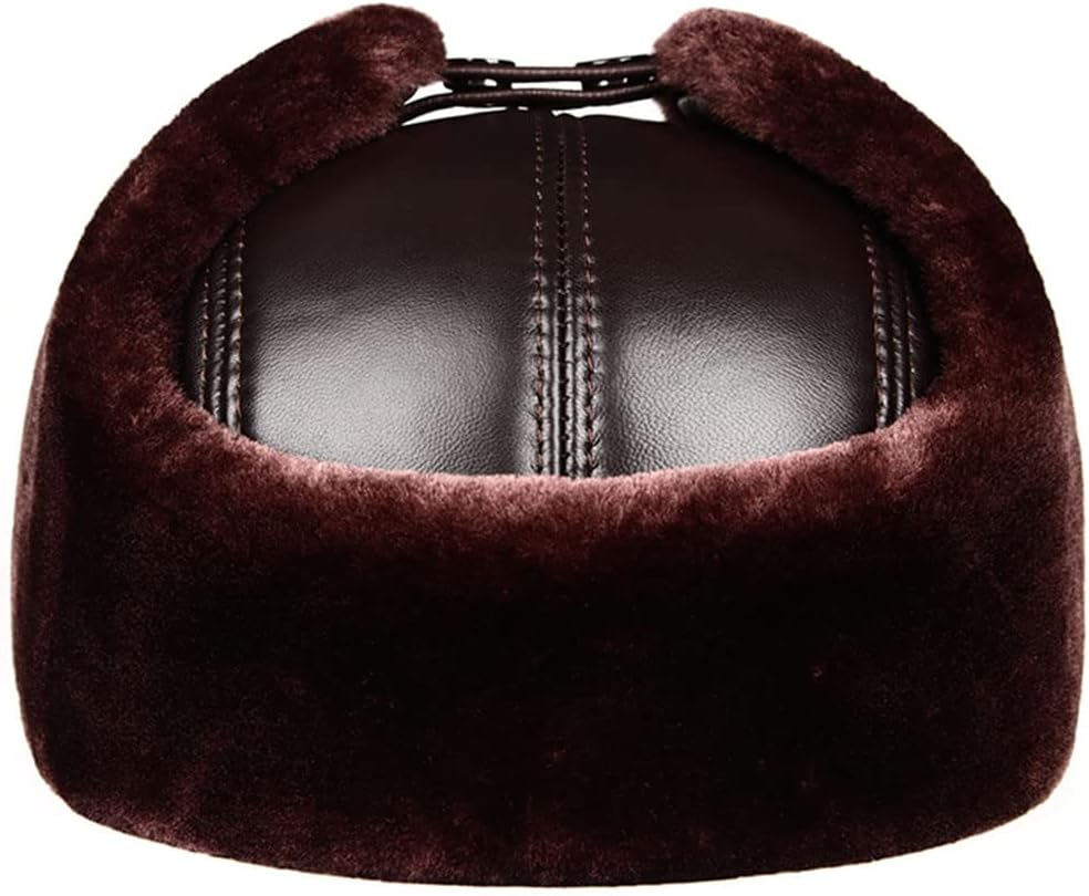 Winter Faux Fur Trapper Bomber Hat Earflaps Waterproof Ushanka Leather Russian Ski Hat for Men Women,Brown-XXL