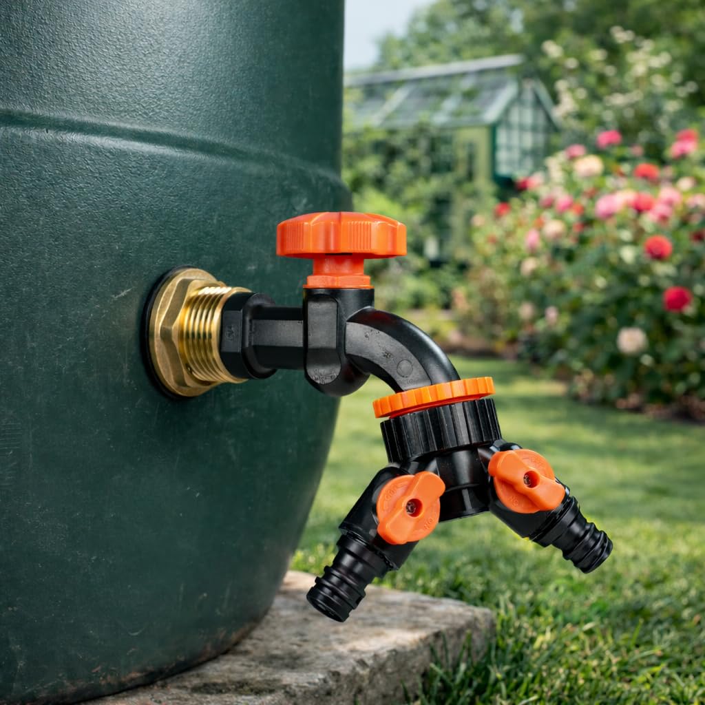 Cost Wise Brass Solid Water Butt/Rain Barrel/Tank Threaded Outlet Adaptor/Connector With 2 Washers And Nut,Range Of Tap Options (Dial Tap+Tap Splitter)