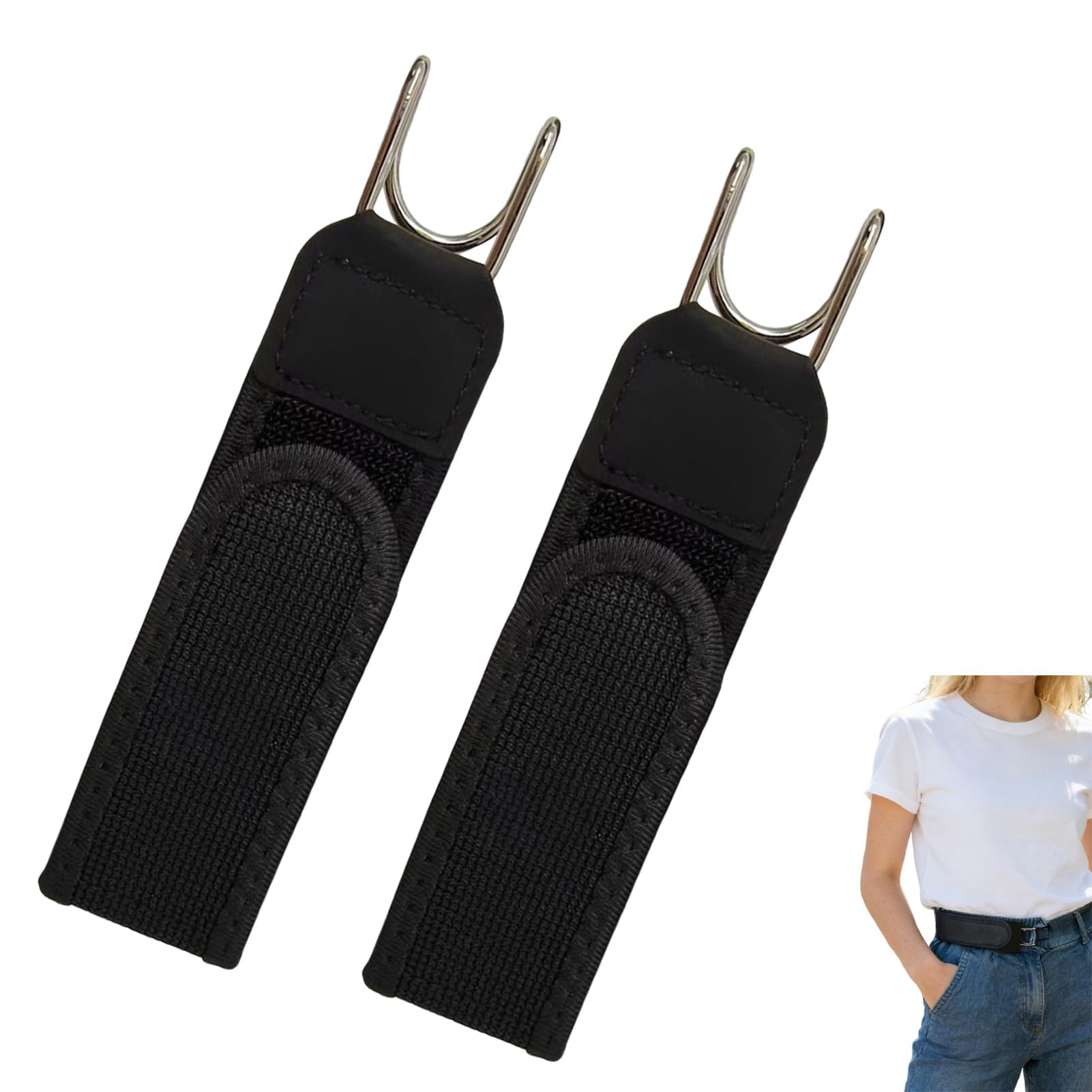 Géneric Buckleless Belt Hook, 2Pcs Elastic Belt Metal Hook, Invisible Waist No Buckle Belts for Men Women (Black)