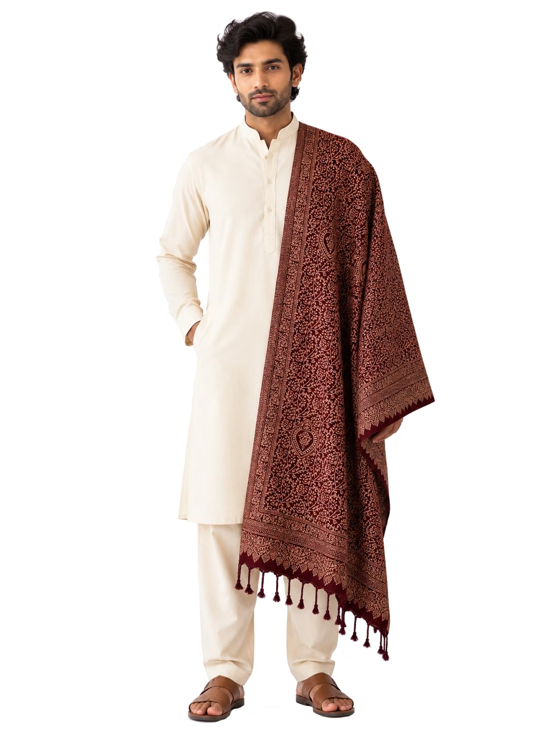 Men's Kashmiri Wool Shawl | Soft Winter Stole | Paisley & Floral Design | 4 Side Border | DEEP MAROON-image-48
