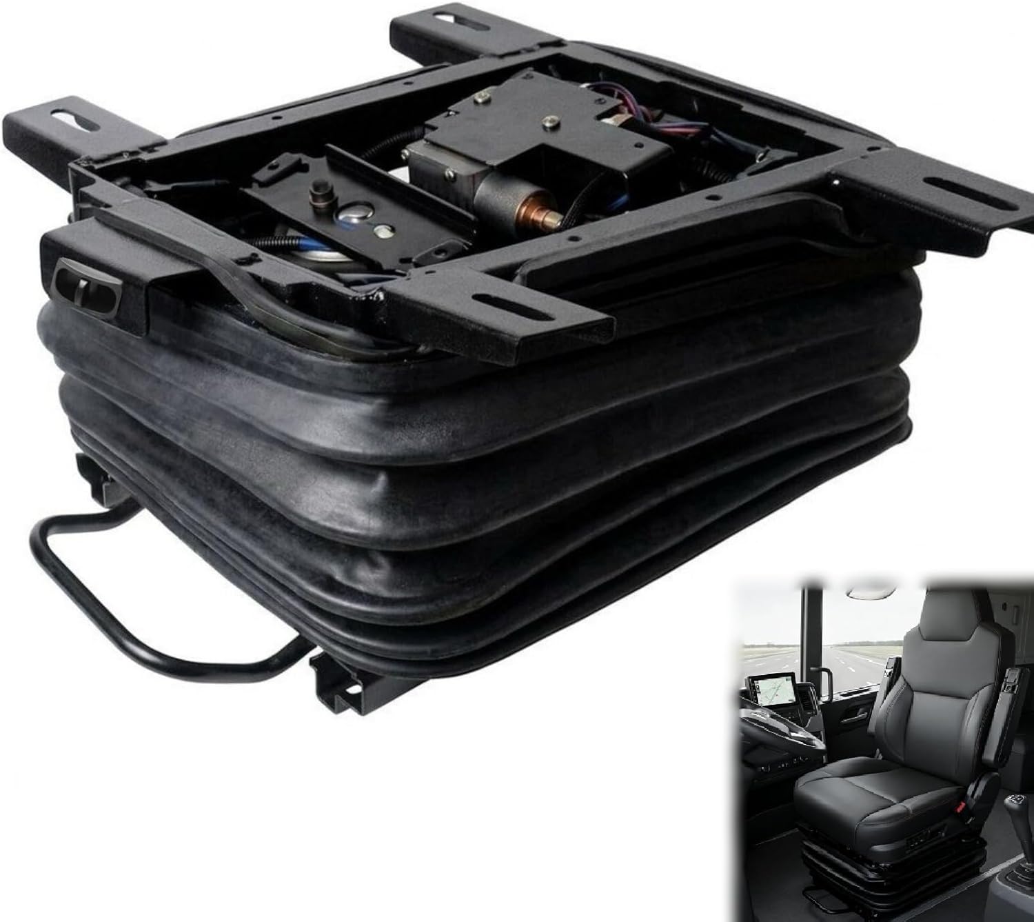 12V/24V Air Ride Seat Base with Built-In Compressor & Slider, Adjustable Stiffness Pneumatic Suspension Pedestal for Semi Truck, Excavator, RV, Camper, Heavy Duty Cargo Van (24V)