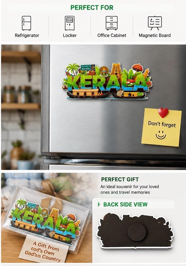 Image of Capio Art Kerala Fridge Magnet for Refrigerator | Kerala Tourism Decorative Magnet Sticker | Decorative Travel Memory Magnet for Fridge, Kitchen, Locker, Whiteboard, Office Decor & Metal Surfaces