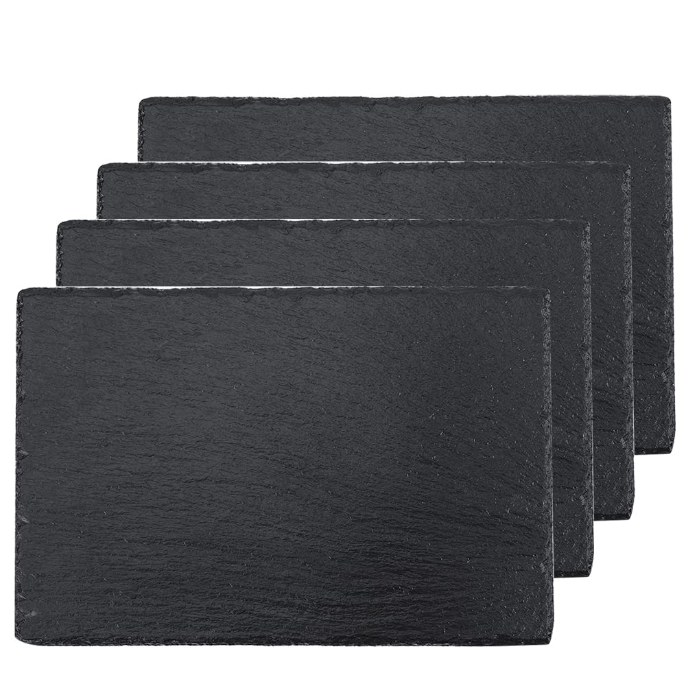 8 x 12 In Set of 4 Black Slate Charcuterie Boards Individual Stone Plates for Cheese, Meat, Appetizers with Natural Edge for Kitchen Dining Party