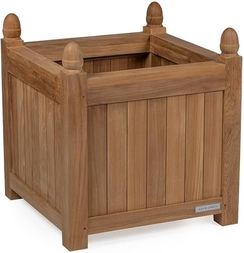 Ash & Ember - Maceta cuadrada de teca de 25 pulgadas, para interiores y exteriores, caja de flores grande en cubos, resistente a la intemperie,