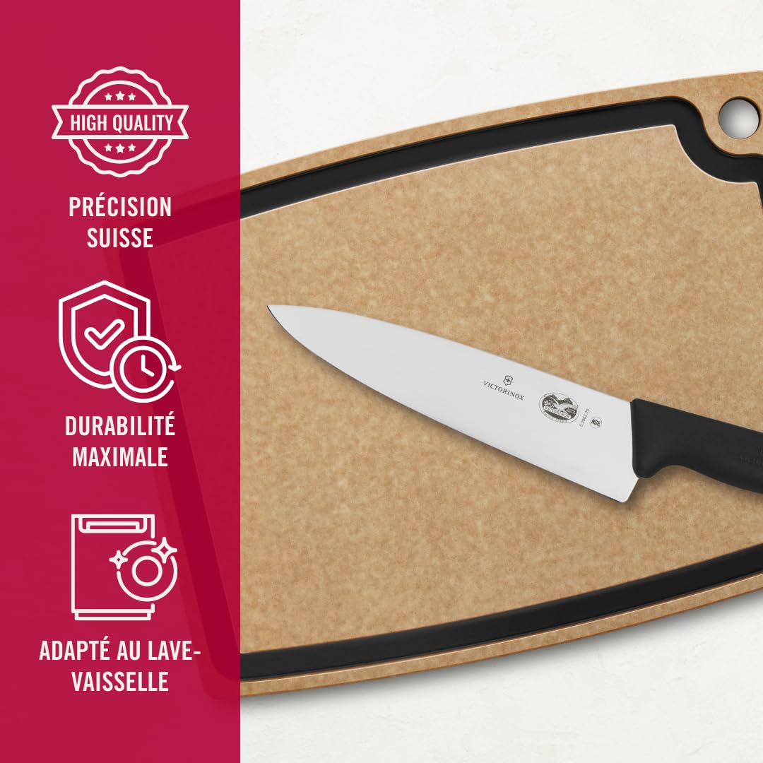 Victorinox Fibrox Couteau de chef, Large couteau universel pour viande, poisson, légumes et herbes, 20 cm, Lame lisse, Tranchant, Inox, Noir