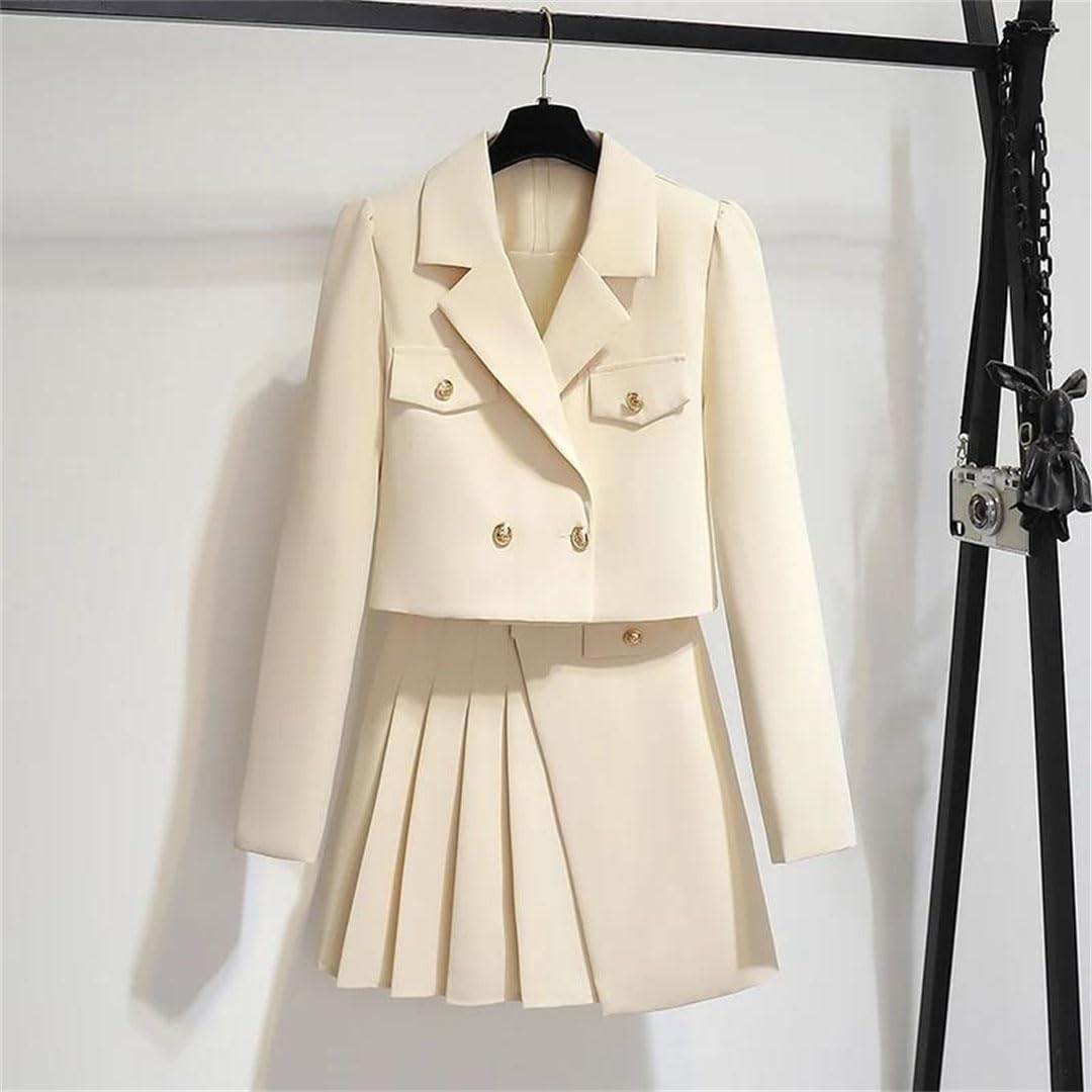 Women's Notched Metal Buttons Blazer Short Jacket Coat + Mini Pleated Skirt Two Pieces Outfits