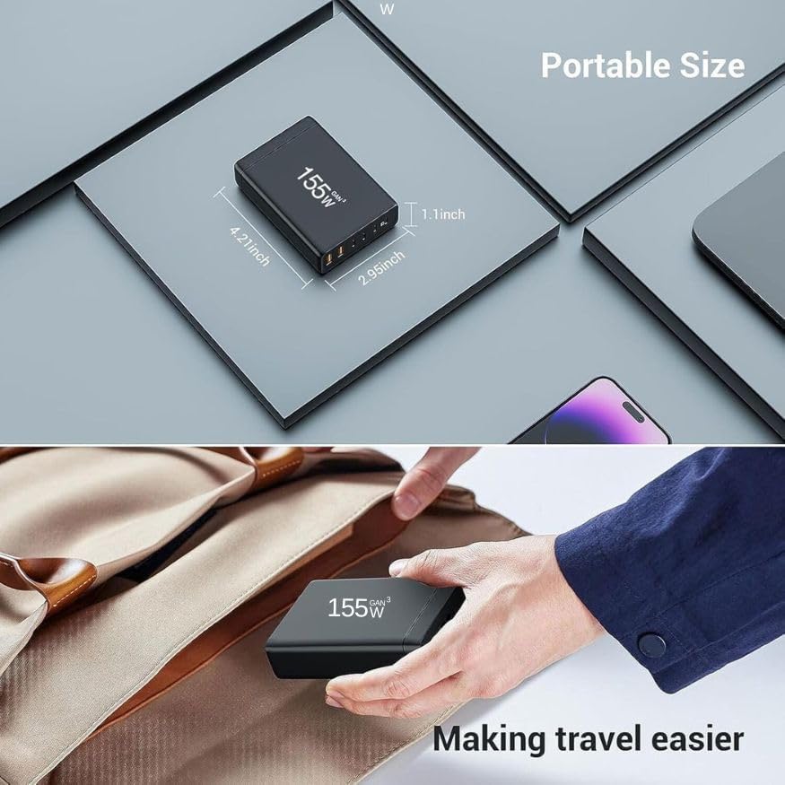 Image of TECHBLAZE 155W GaN 3 Super Fast Charger Adapter, 6-Port (2 USB A+ 4 Type-C) with PD Technology, Universal for iPhone, Android, MacBook, Type-C Laptops, Compact Multi-Device Charging Solution