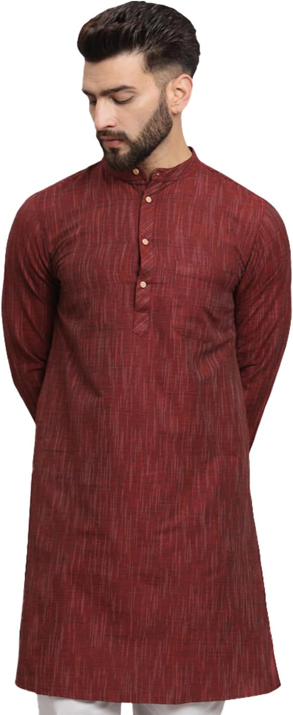 Latest Chikan Men's Cotton Regular Textured Long Kurta Full Sleeves - Casual Ethnic Wear�