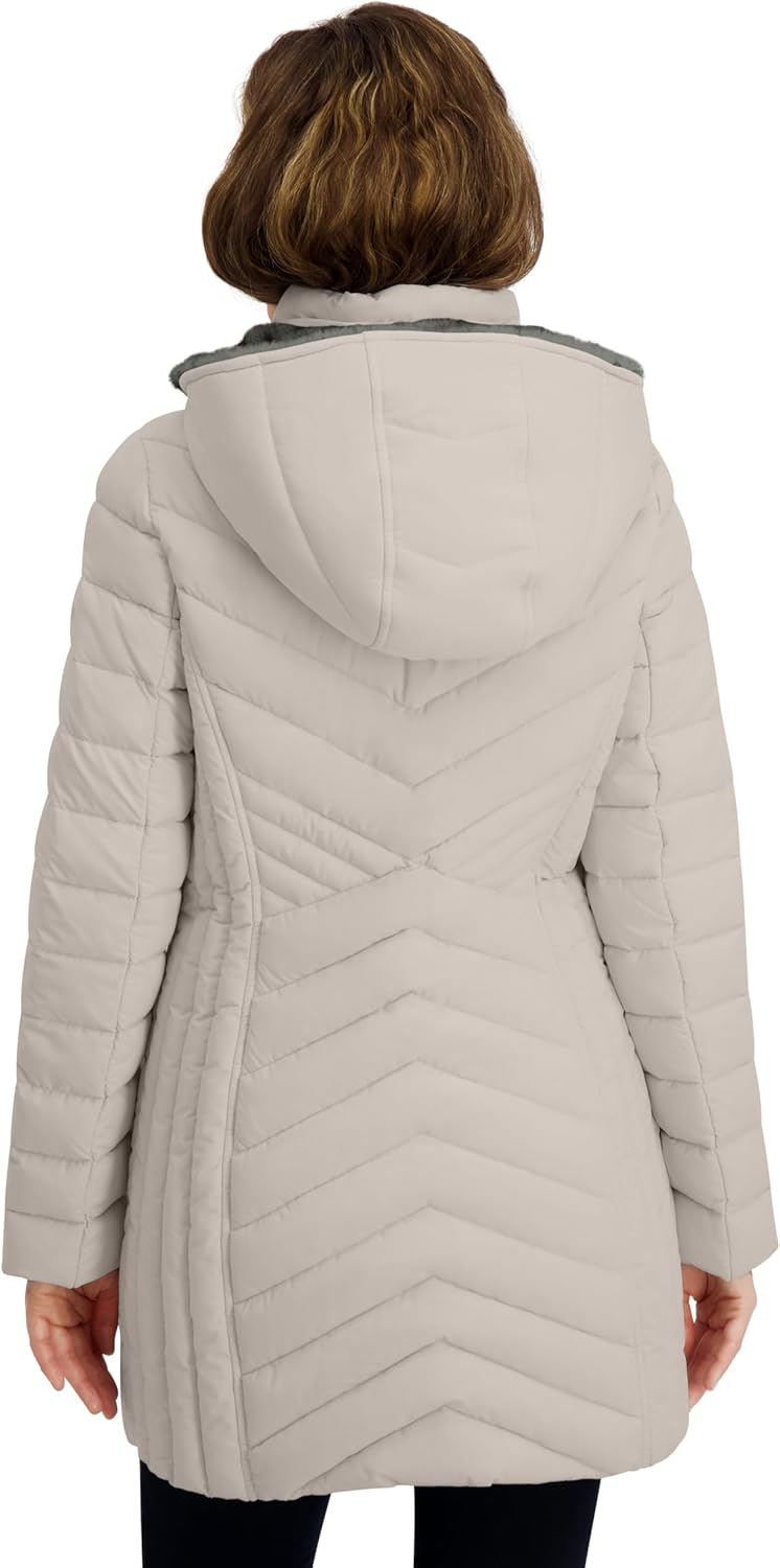Nautica Women's Stretch Puffer Jacket- Wind & Water-resistant Winter Coat Faux Fur Lined Hood