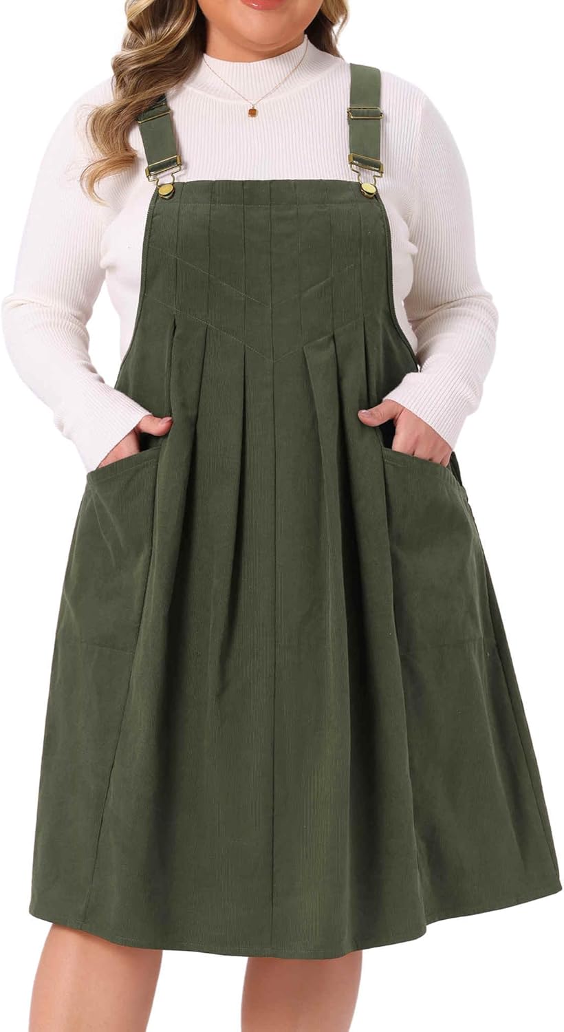 Agnes Orinda Plus Size Corduroy Pinafore Dress for Women Pleated Adjustable Strap Suspender Skirt Short Overall Dress
