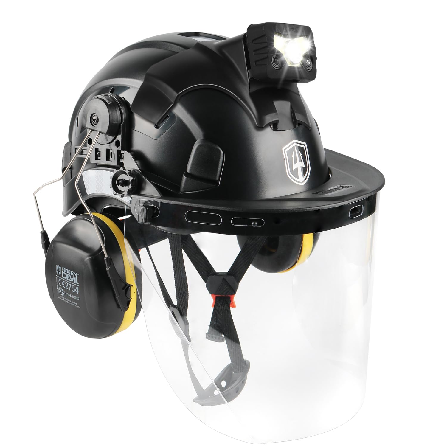 GREEN DEVIL 3-in-1 Kettensägen-Schutzhelm Set - Forsthelm mit Gehörschutz SNR 31dB & Klares Polycarbonat-Visier + Spezielle Helmleuchte mit Bewegungssensor