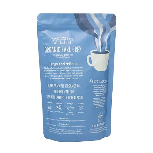 Miniatura 2 de Two Leaves and a Bud Organic Earl Grey - 50 sobres de té desnudo - Té negro de hoja entera en sobres compostables ecológicos sin envolver, bolsa