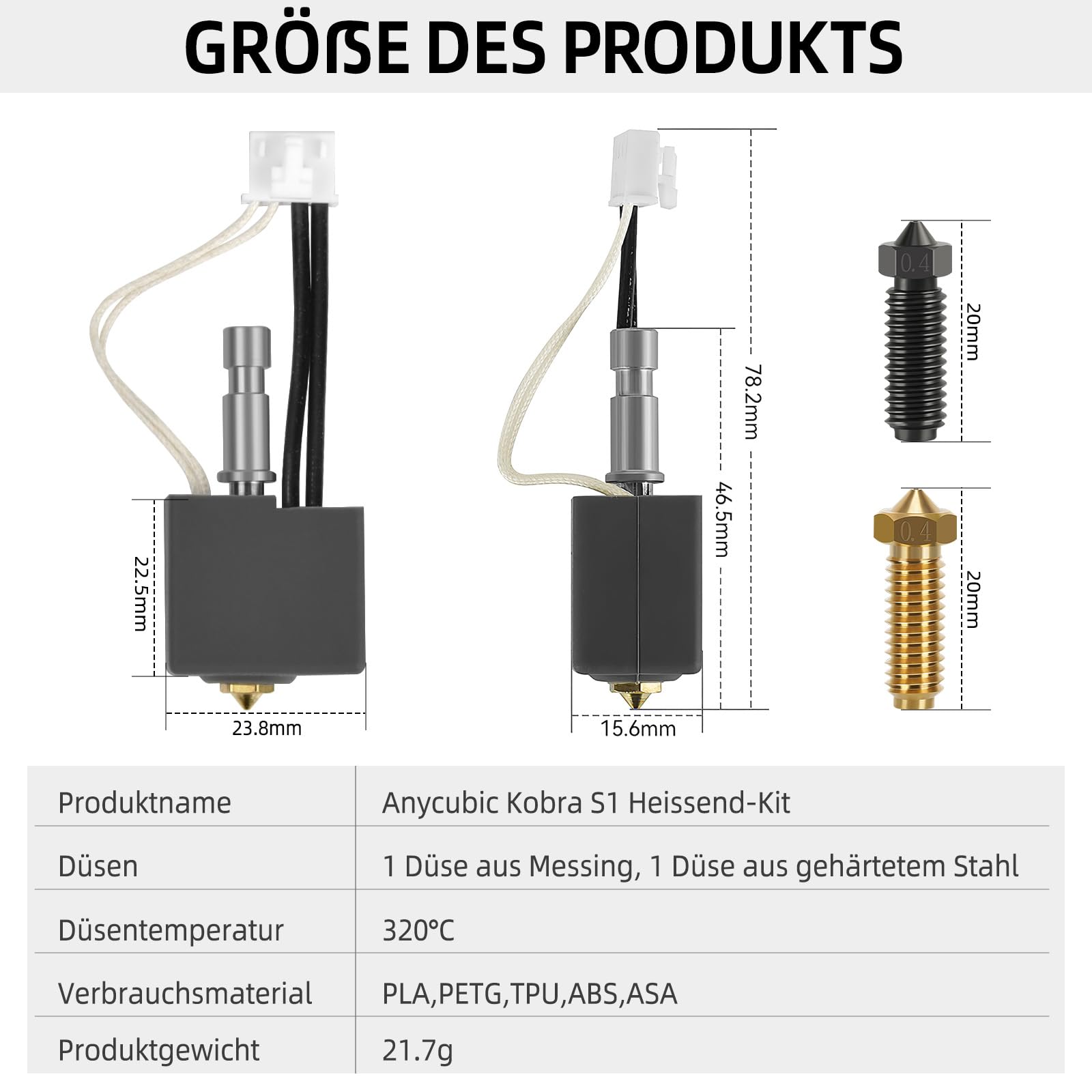 Kobra S1/S1 Combo drukarka 3D Hotend wysoka temperatura Heatbreak – dysza mosiężna 0,4 mm zainstalowana + 2 dodatkowe dysze (mosiądz + hartowana stal), Anycubic Kobra S1 Hotend Kit, Quick Swap wysoka