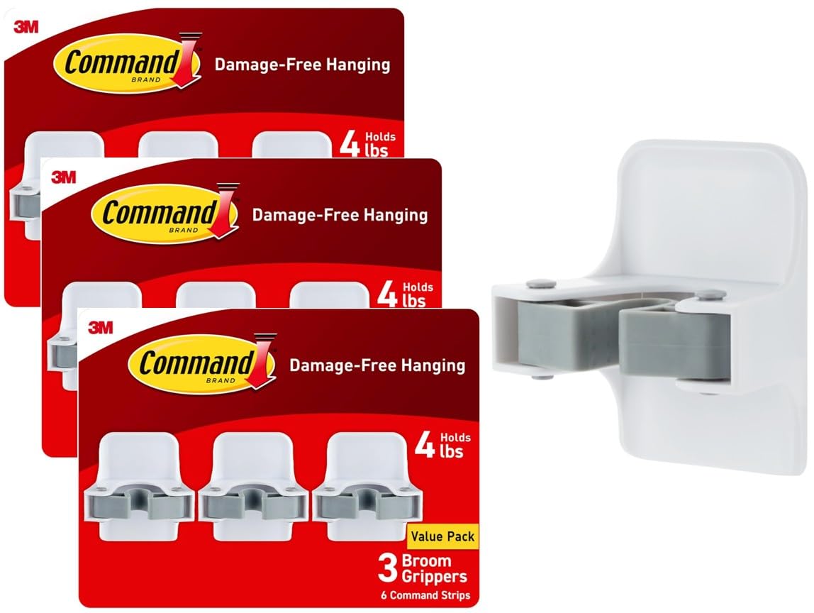 Command Broom Grippers, 3 Hangers and 6 Strips, Damage-Free Mop and Broom Holder Wall Mount, Household Cleaning Tool Organizer for Kitchen, Laundry Room, Closet, Holds up to 4 lb (Pack of 3) 3 Broom Grippers Large (Pack of 3)
