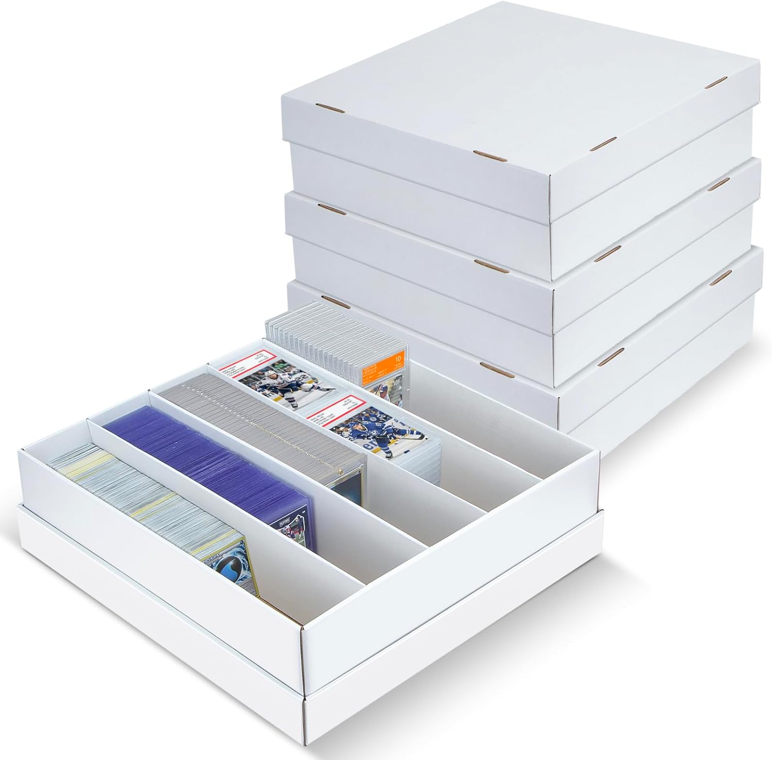 4 pack trading card storage box - 5 rows, cardboard storage box holds 1100+ top loaders, graded card holder organizer case fits psa/bgs/hga slabs