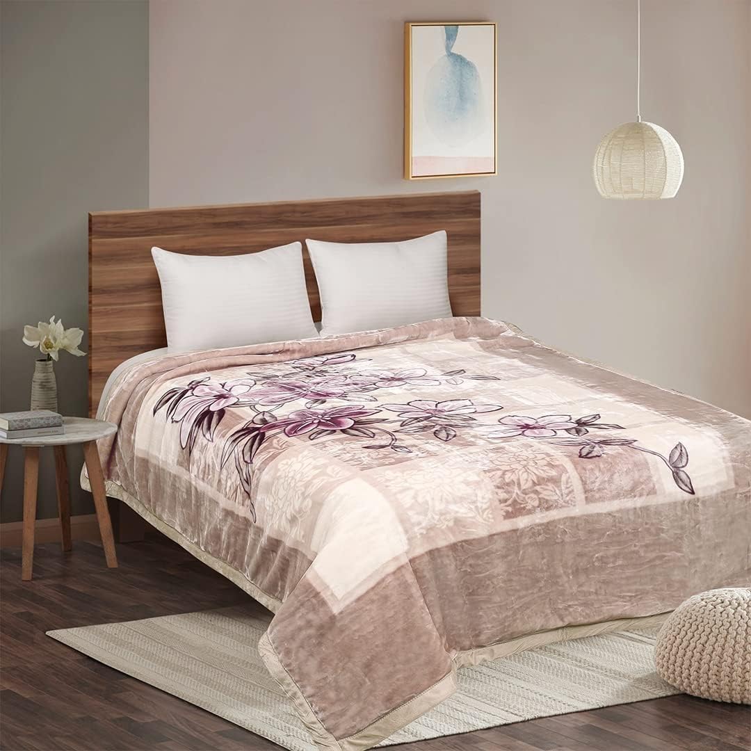 Signature Blanket Reversible Double Bed Mink Blanket | Heavy Winter Blanket with Floral Print | Super Soft & Warm | Double Ply | 210x240 cm | 1000 GSM (Light Olive)-picture-10