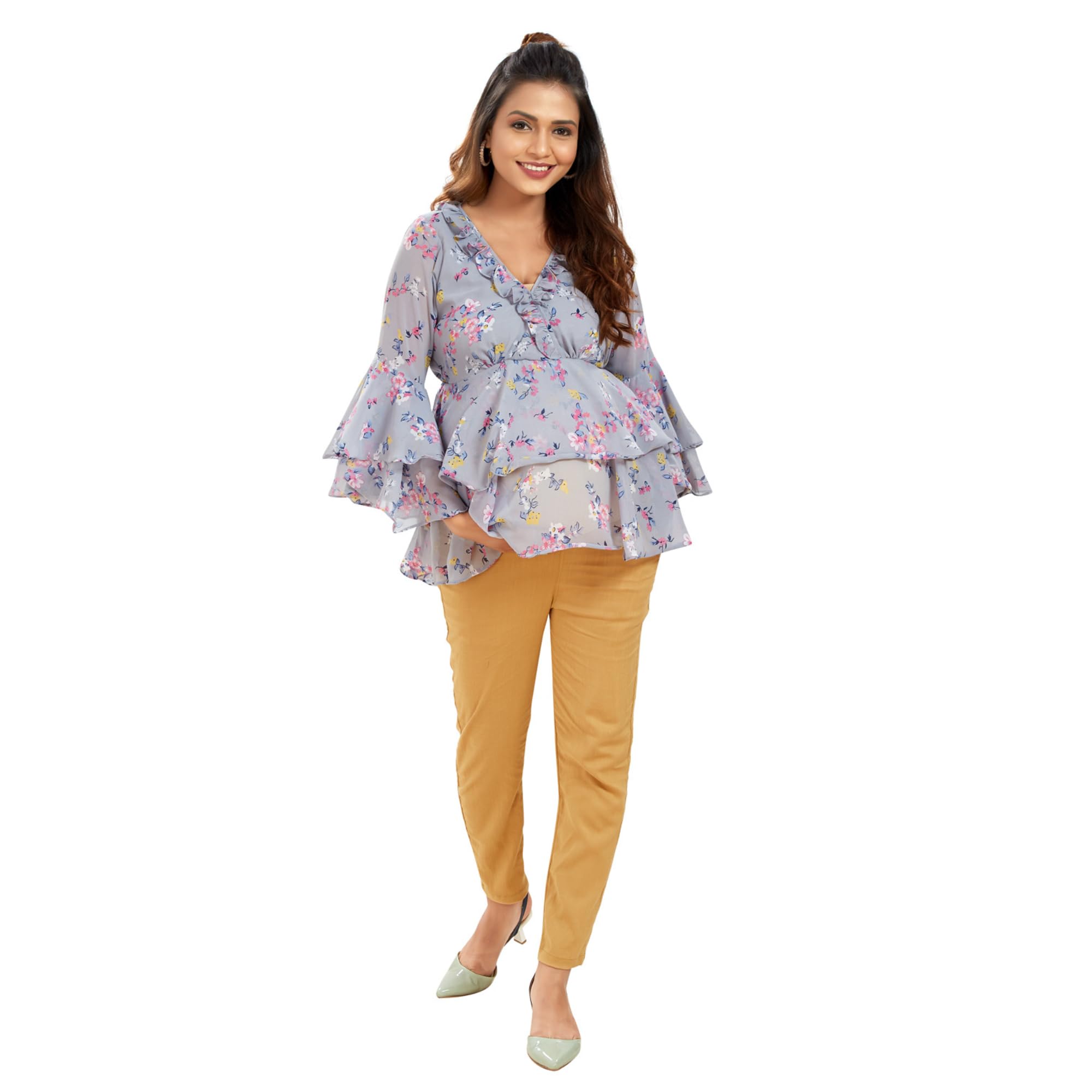 Floral Georgette Layered Maternity Top | Grey-image-1