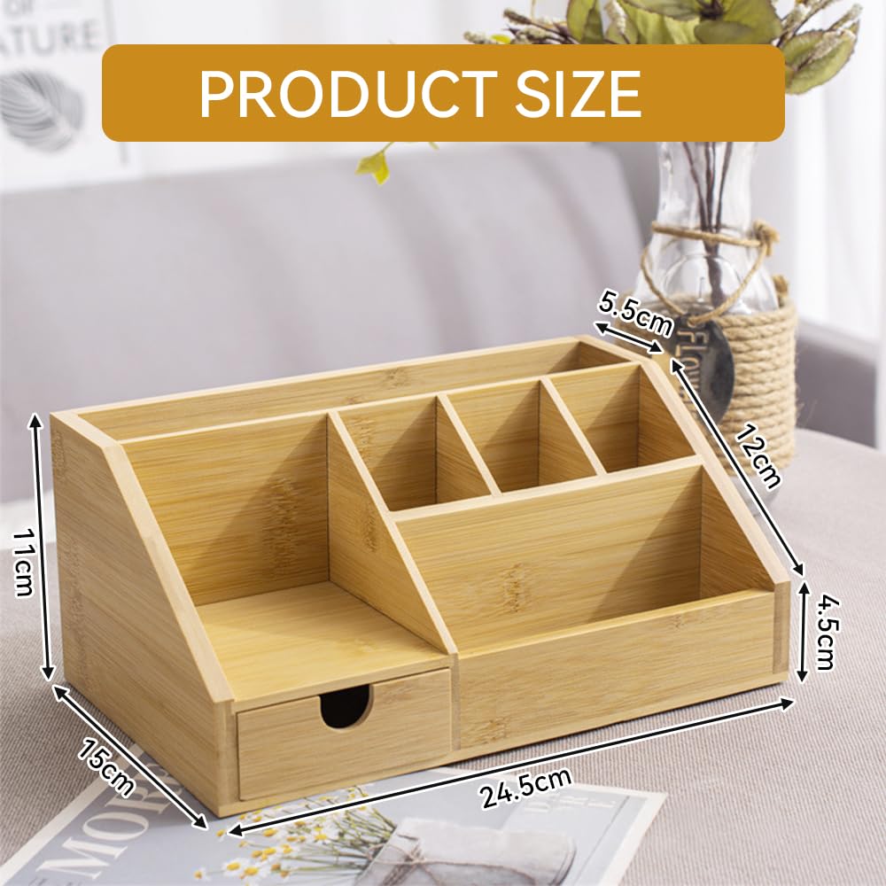 Holz Schreibtisch Organizer 24.5x15x11cm Büro Organizer mit 7 Fächer und Schublade Aufbewahrungsbox Fernbedienung Halterung Stiftehalter Schreibtischablage Tischorganizer für Büro und Zuhause