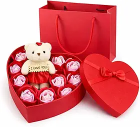 Caixa Presente Mulher Esposa Mãe Namorada Coracão com Ursinho e 10 Rosas Decorativas (Vermelho)