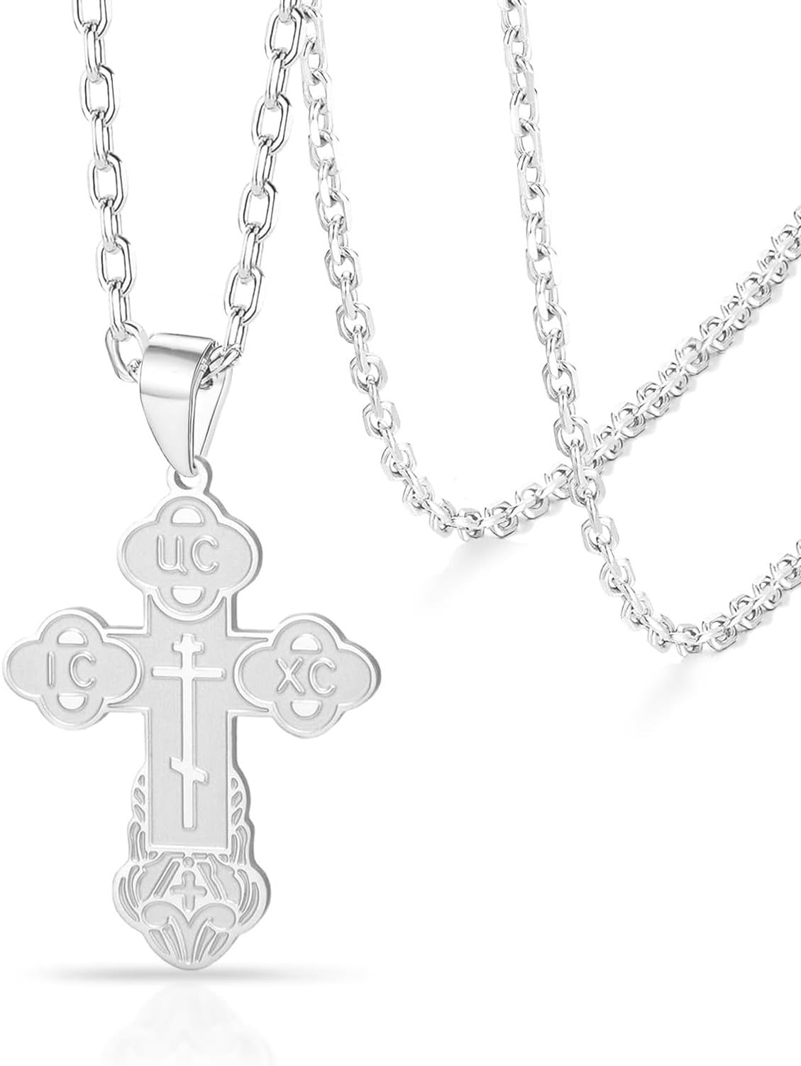 HURUMA Stainless Steel Eastern Orthodox Cross Crucifix Pendant Necklace for Men Women Jesus Byzantine Religious Pendant Christian Catholic Jewelry Gift, Silver 4
