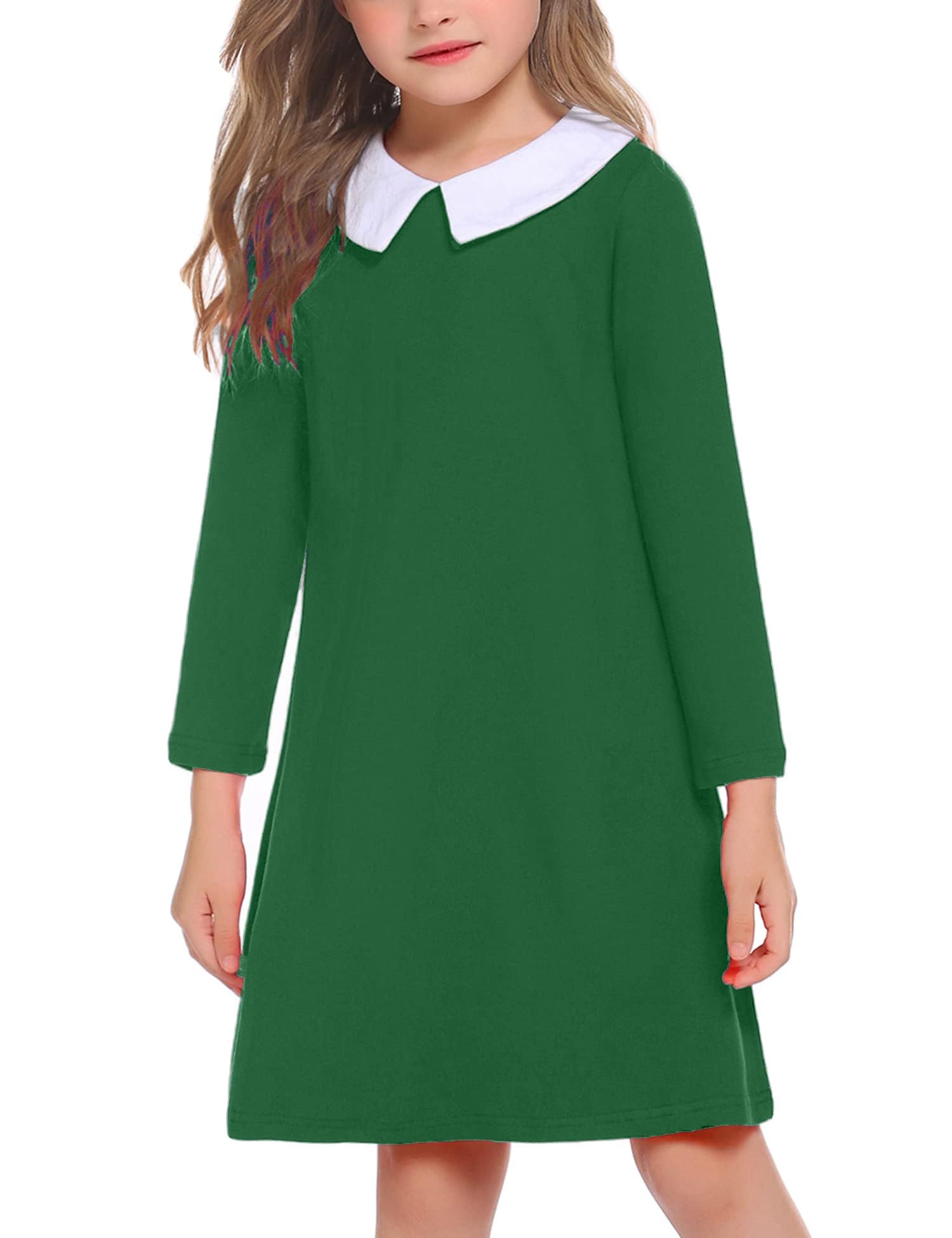 Arshiner Vestidos para Niñas Cuello Peter Pan Vestidos de Algodón de Manga Larga Vestido Básico de Una Línea Vestido Infantil de Halloween Vestido de Navidad Vestido de Otoño 4-13 Años