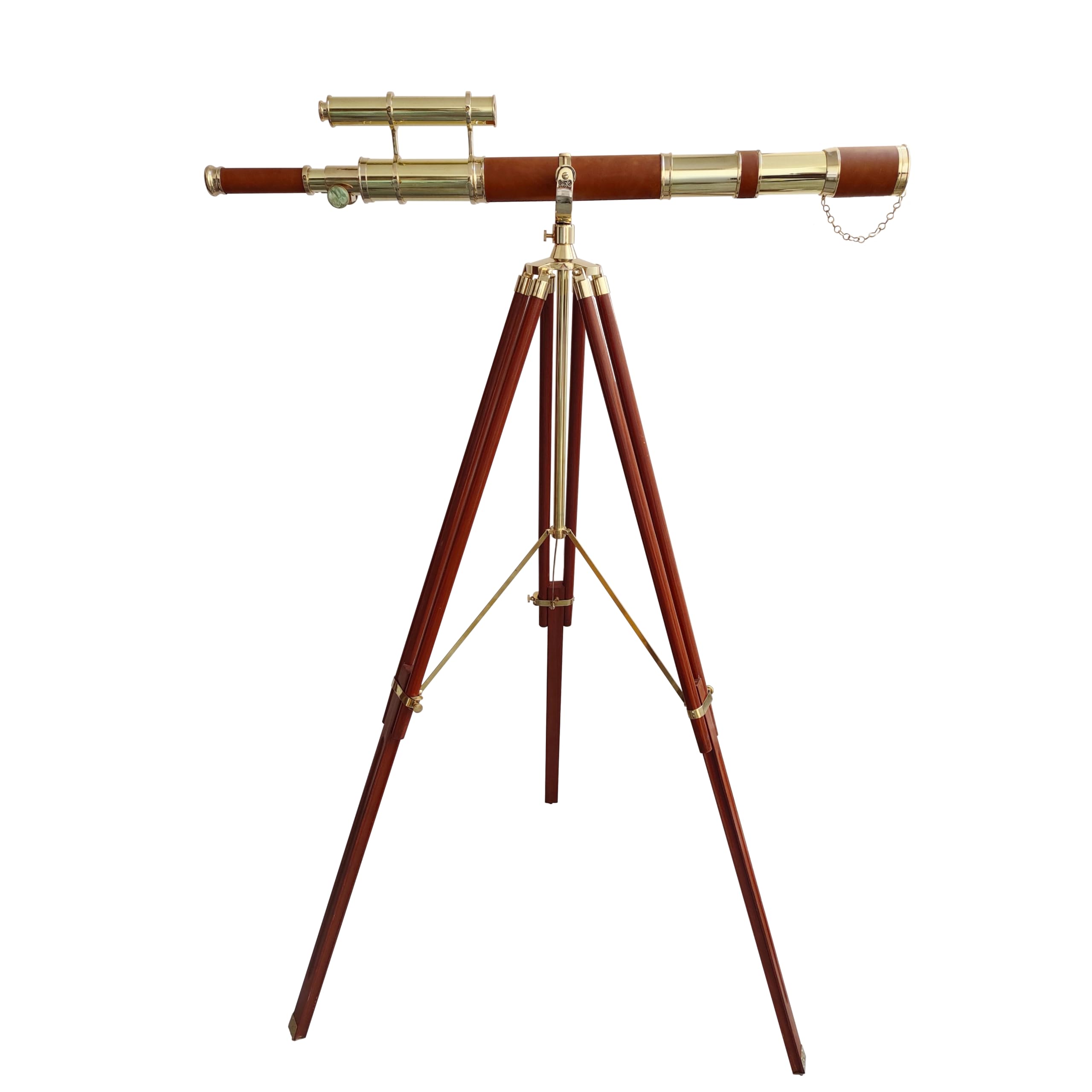 Vintage Telescope Shiny Brass Finish Double Barrel Marine Functional Antique Floor Standing Wooden Tripod Sailor Ship Brown Leather Coverd Tube