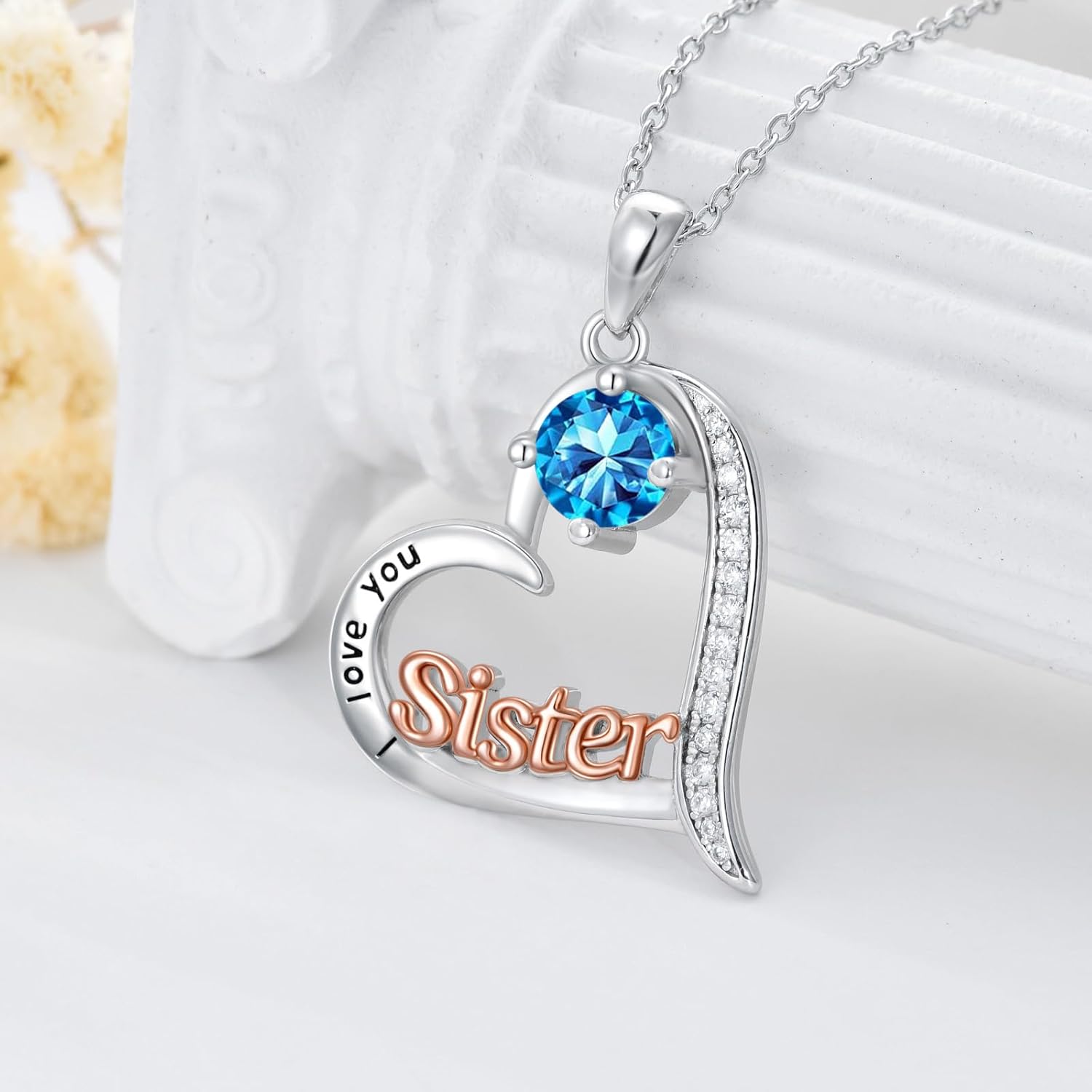 Sister Gifts from Sisters Birthstone Necklace 925 Sterling Silver Heart Sister Jewelry Valentines Day Birthday Gifts for Women Best Friend - Image 4