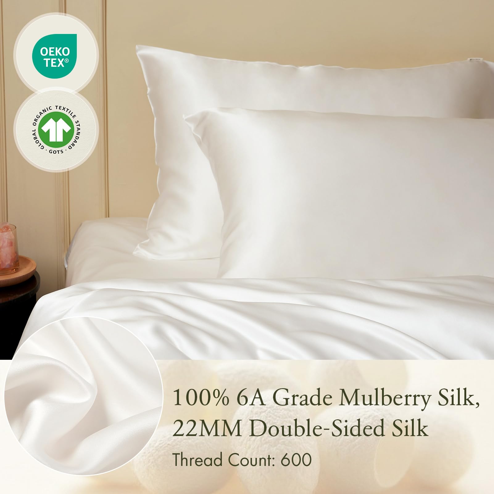 LILYSILK 22 Momme Silk Pillowcase for Hair and Skin 2 Pack, 600 Thread Count 100% Mulberry Silk, Soft Breathable Smooth Both Sided Silk Pillow Cover(Standard Size, 20''x26'', Ivory)