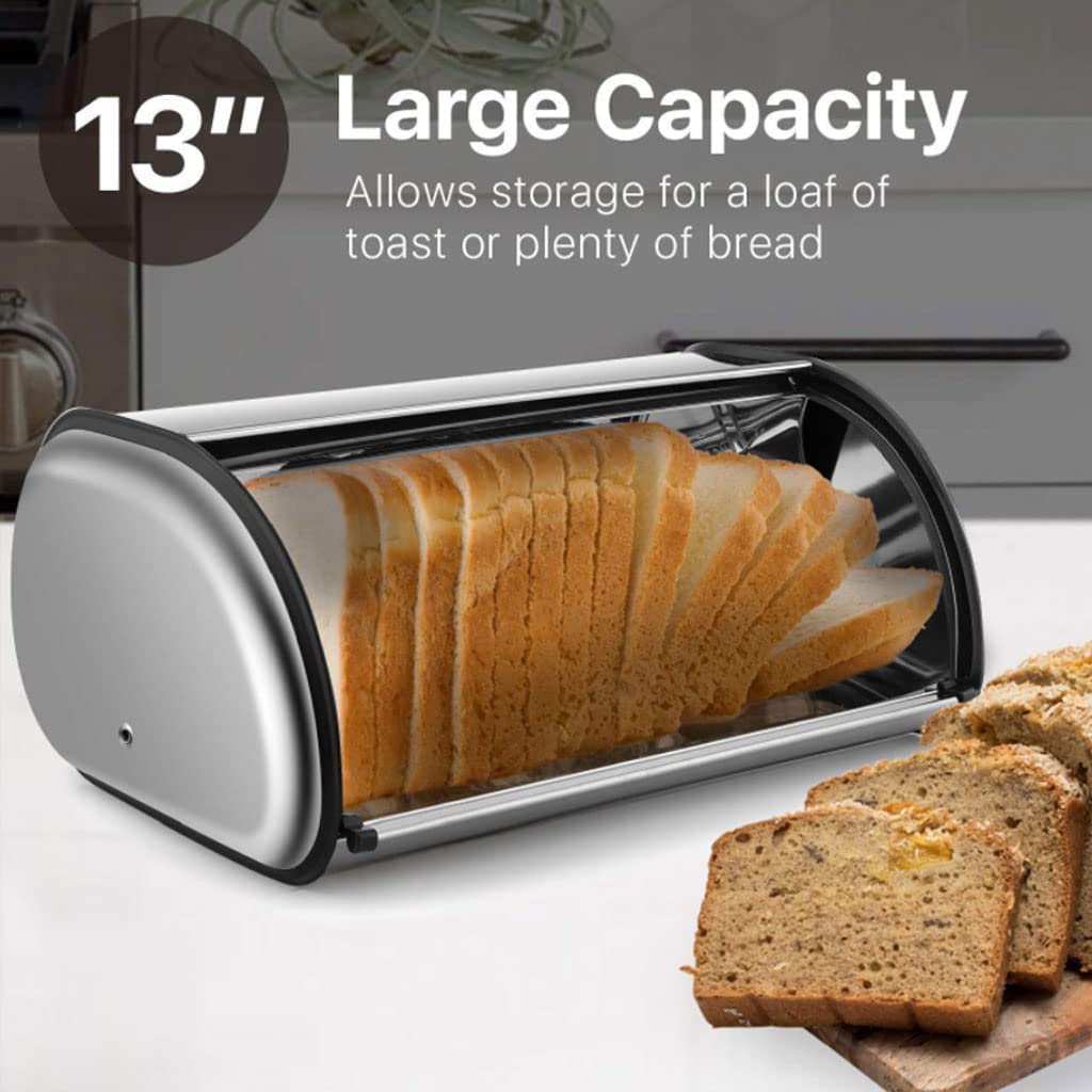 LIOONS Panera de Acero Inoxidable, panera con Tapa Enrollable para encimera de Cocina, Cubo de Almacenamiento de Pan con Tapa de Gran Capacidad
