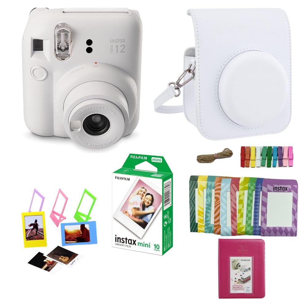 Instant Camera Combo with Mini 12 Camera, Camera Bag, 10 Shot Film, 64 Page Album, 10 Frame Bunting, 5 Plastic Frames (White)-picture-17