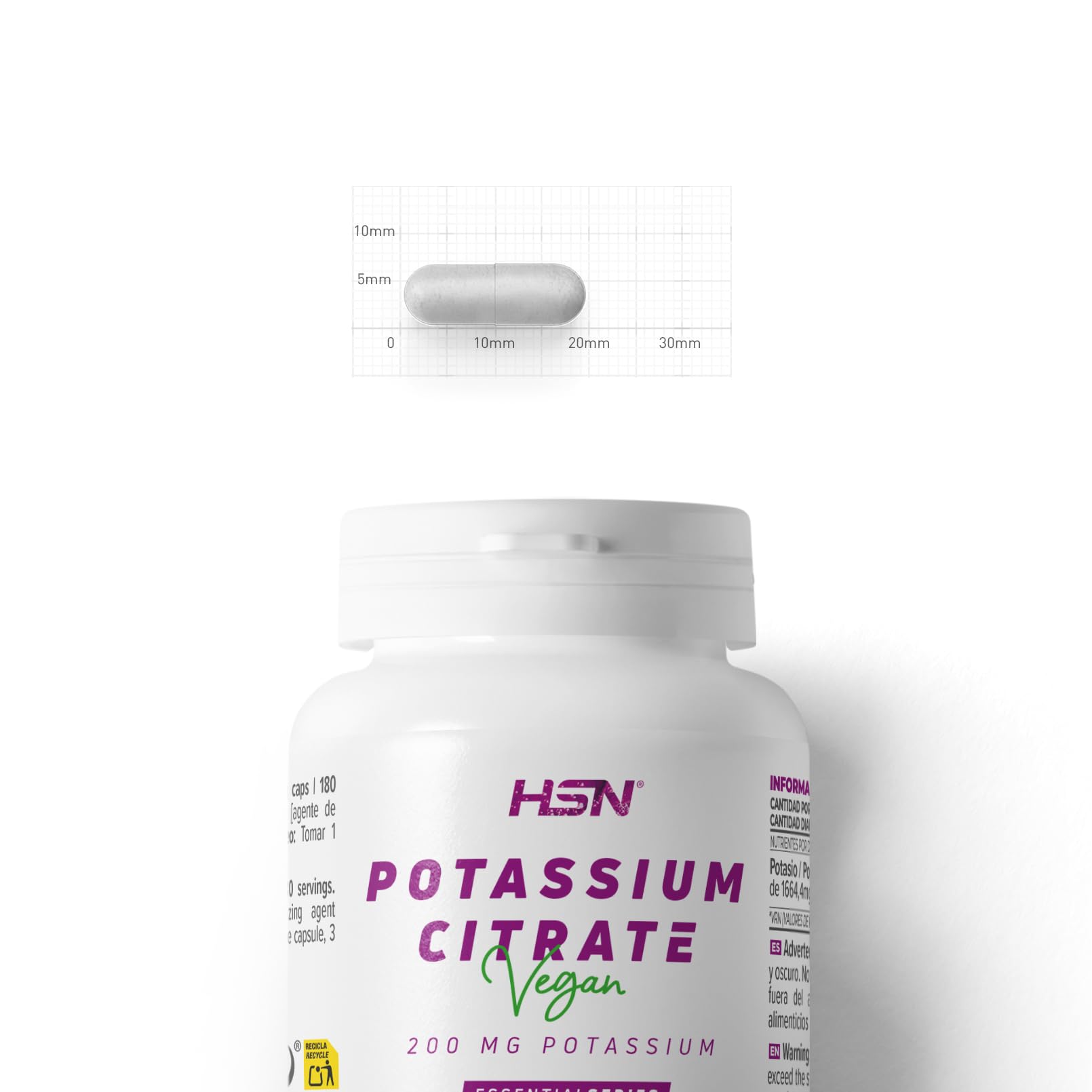 HSN Citrato di Potassio 1664mg (600mg di Potassio Elementare) per dose giornaliera | 180 Capsule Vegetali | Il potassio contribuisce al normale funzionamento del sistema nervoso