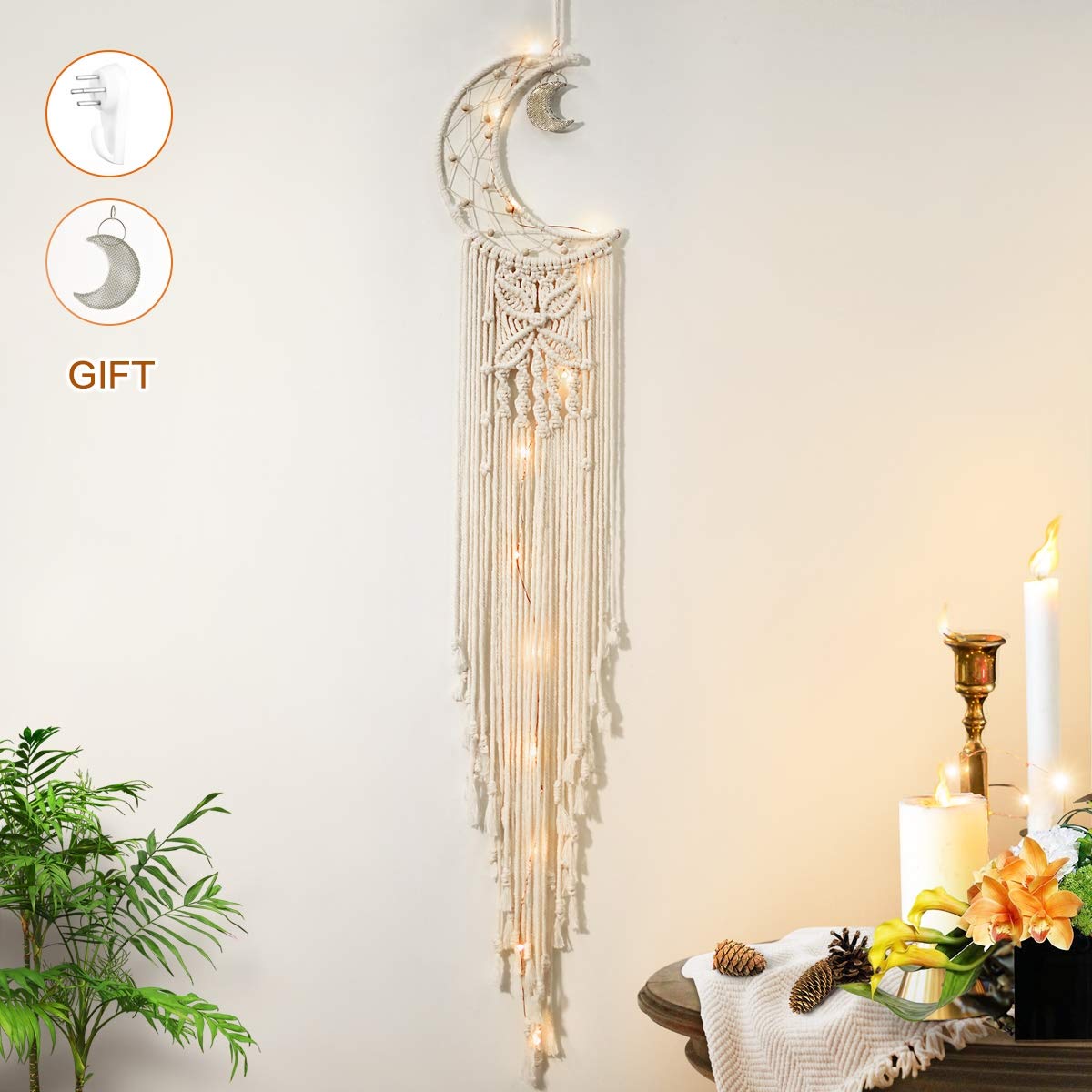 PAMANO Dream Catchers Handmade Moon Design Woven Cotton Boho Macrame Wall Hanging Decor Home Decoration Ornament Craft Gift (Beige-Moon)